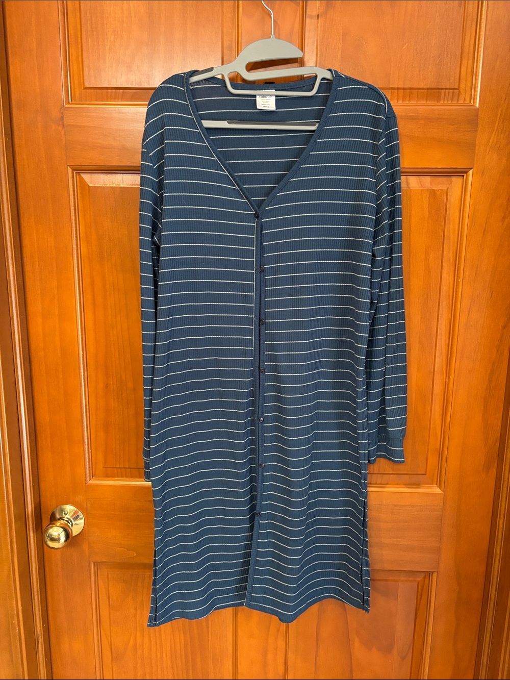 Long Navy Stripe Button-Front Women's Cardigan